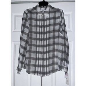 Foxcroft Women's Dress Shirt Button Up Grey Plaid Pleated Front Long Sleeve 10